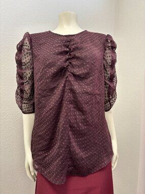 NWT, Express Large Plum Swiss Dot Ruched Blouse Sheer Puff Sleeves